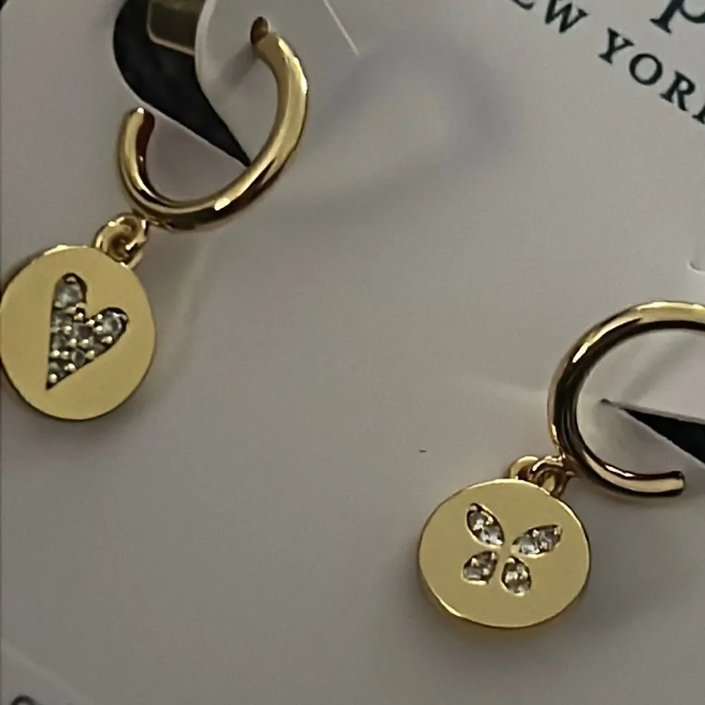 NWT Kate Spade pave heart and butterfly mist matched Huggies drop earrings J